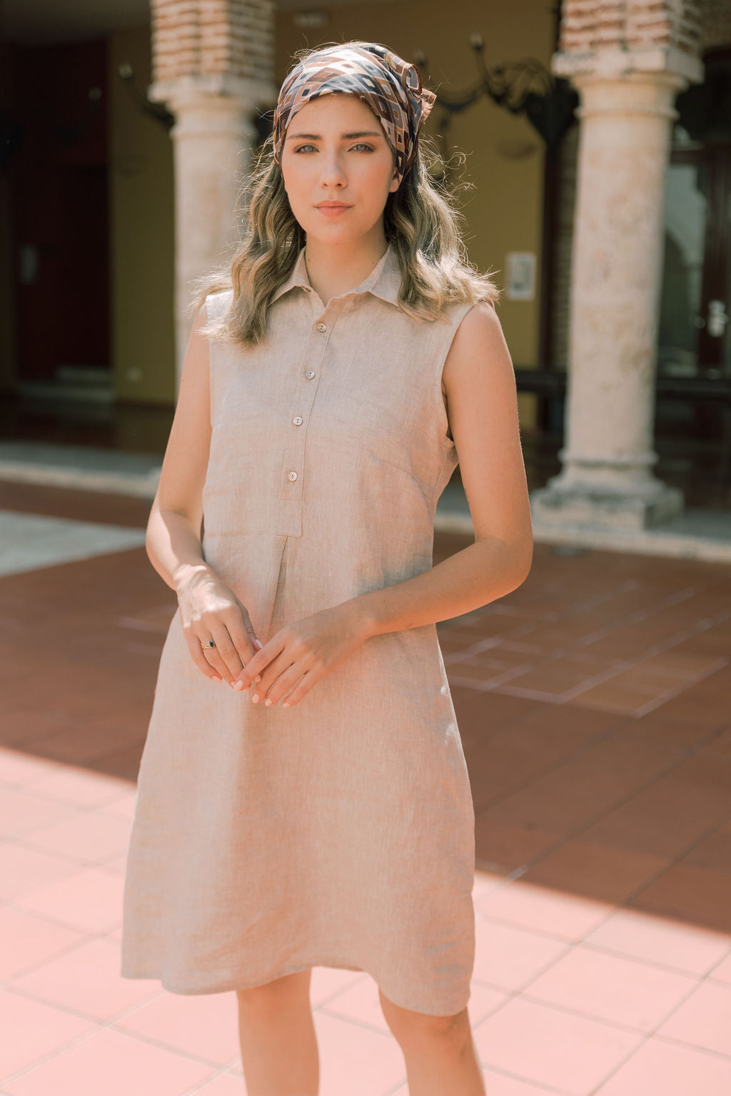 LINEN NO SLEEVE SHIRT DRESS